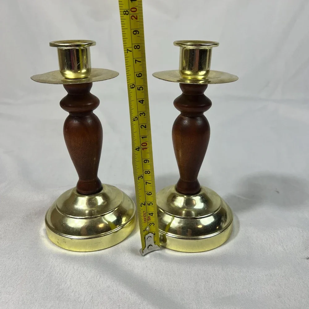 VTG Brass & Wood Candlestick Holders Pair Mid Century Traditional Candle Holders